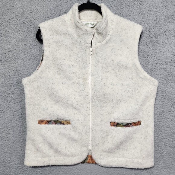 Orvis Womens Sherpa Polar Fleece Vest‎ Large Full Zip Tapestry Trim Pockets - Picture 1 of 5